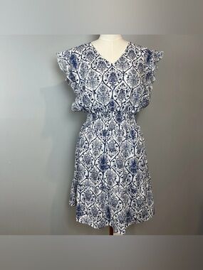 Saks Fifth Avenue Linen White and Navy Printed V-Neck Smocked Waist Dress XL